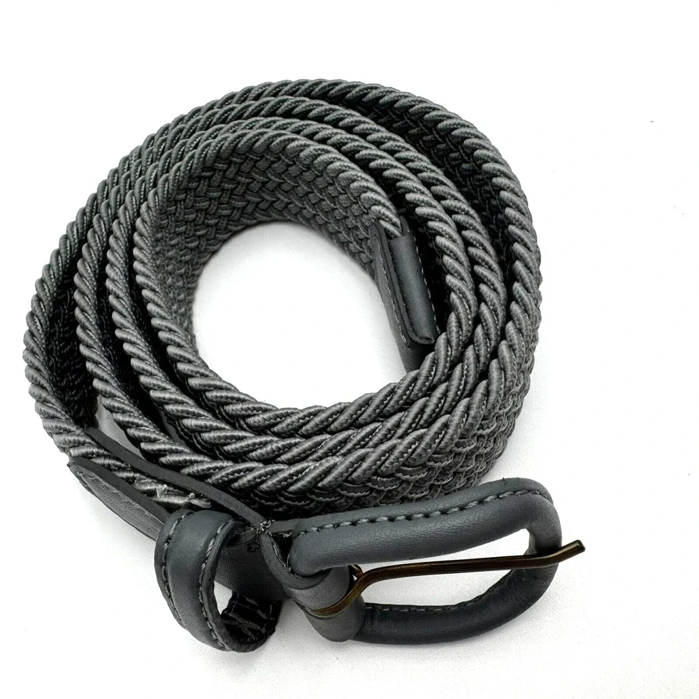 Men's XL Gray Braided Woven Stretch Golf‎ Belt Leather End Pieces Casual Preppy
